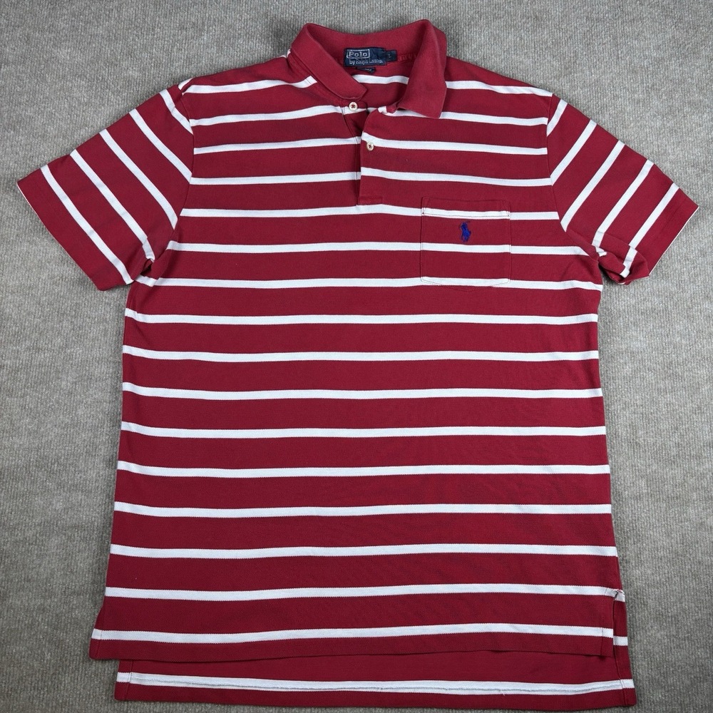 Polo Ralph Lauren Pocket Polo Shirt Mens L Red White Striped Short Sleeve Cotton